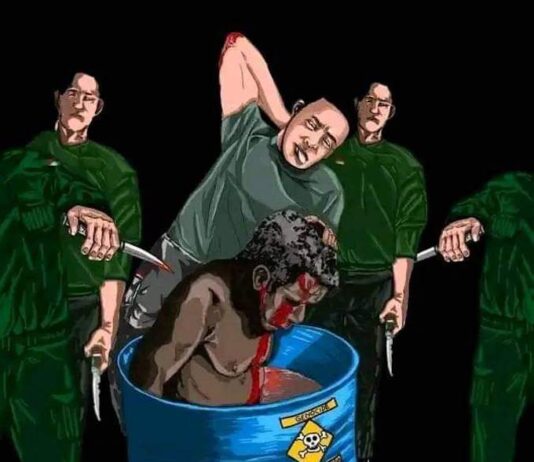 An unknown Papuan artist's depiction of the graphic torture videos