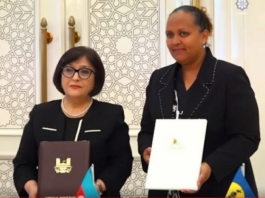 Azerbaijian’s National Assembly Chair Sahiba Gafarova (left) and pro-independence New Caledonia Congress member Omayra Naisseline