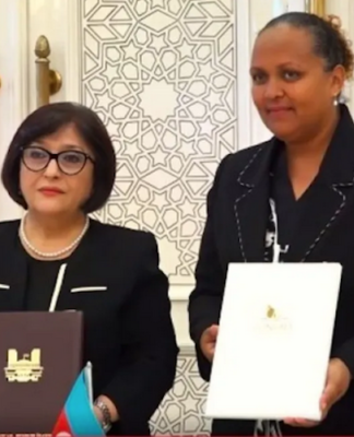 Azerbaijian’s National Assembly Chair Sahiba Gafarova (left) and pro-independence New Caledonia Congress member Omayra Naisseline