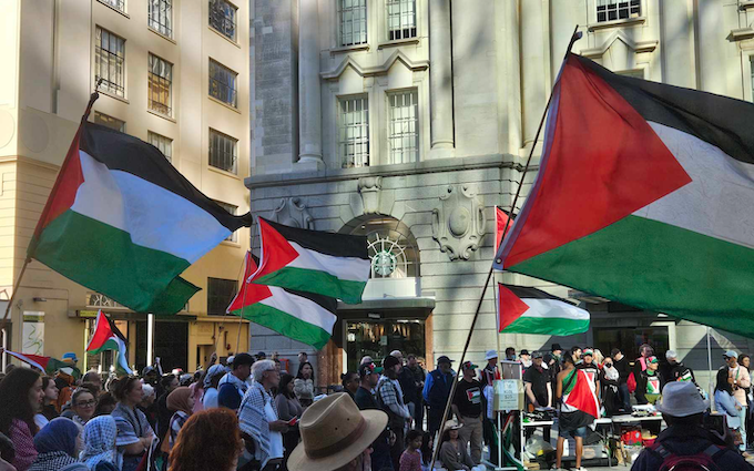 Palestinian flags in Auckland's Te Komititanga Square 