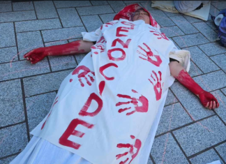 One of the about 20 mock bodies in the Gaza die-in at Te Komititanga Square today
