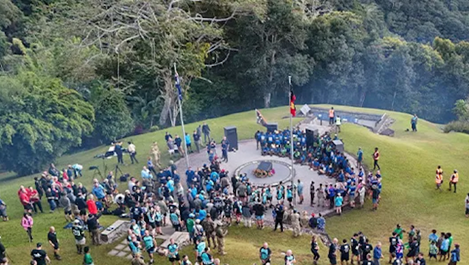 The ANZAC service scene yesterday at the Battle of Isurava war memorial site