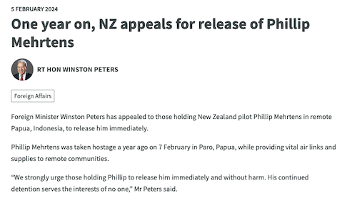 New Zealand pilot Phillip Mehrtens - plea for his release
