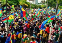 Tens of thousands of pro-independence supporters with Kanaky flags