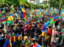 Tens of thousands of pro-independence supporters with Kanaky flags