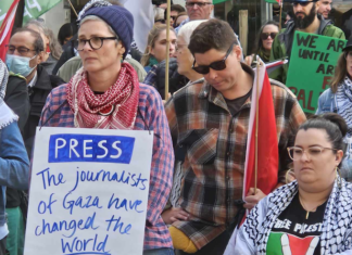 Part of the crowd at the New Zealand rally in Auckland today honouring the Palestinian journalists