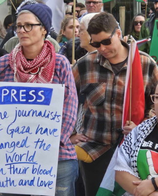 Part of the crowd at the New Zealand rally in Auckland today honouring the Palestinian journalists