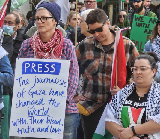 Part of the crowd at the New Zealand rally in Auckland today honouring the Palestinian journalists