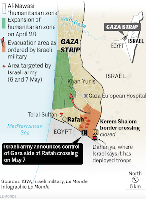 A map of southern Gaza showing the "evacuation" area from Rafah