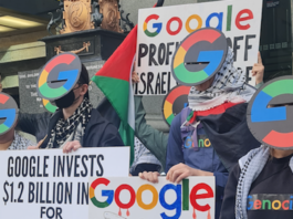 Protesters wave "Google drop Project Nimbus" placards