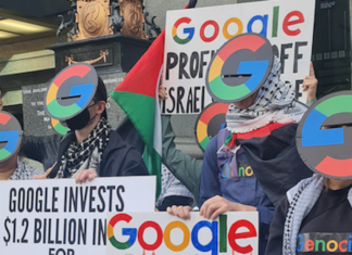 Protesters wave "Google drop Project Nimbus" placards