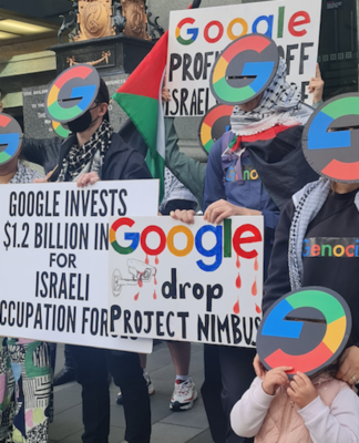 Protesters wave "Google drop Project Nimbus" placards