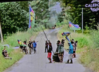 A Kanak protest barricade (in the distance behind the group of protesters) near Nouméa