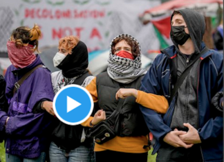 Masked pro-Palestinian student protesters in the United States