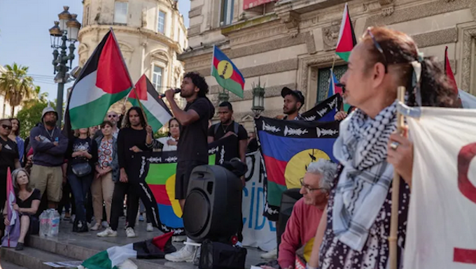 Kanak and Palestine solidarity activists hold a joint demonstration at Montpellier, southern France