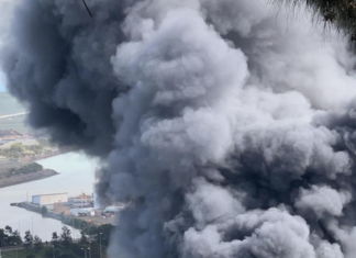 A Nouméa factory burns after last night's rioting followed a day of pro-independence protests in New Caledonia