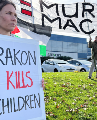 Protesters outside the offices of the electronics manufacturer Rakon