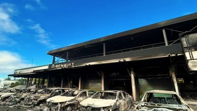 Burnt vehicles at the Renault dealership in Magenta district, Nouméa