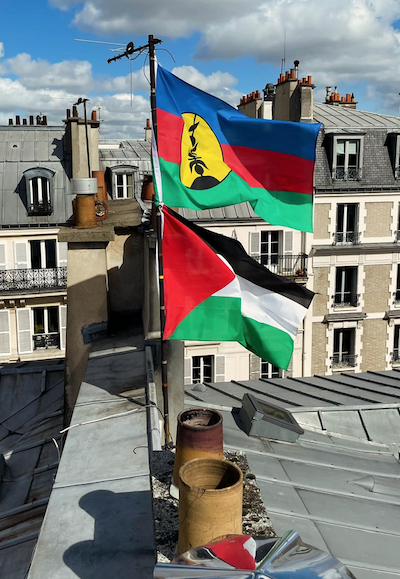 Twin flags of Kanaky and Palestine flying from a Parisian rooftop