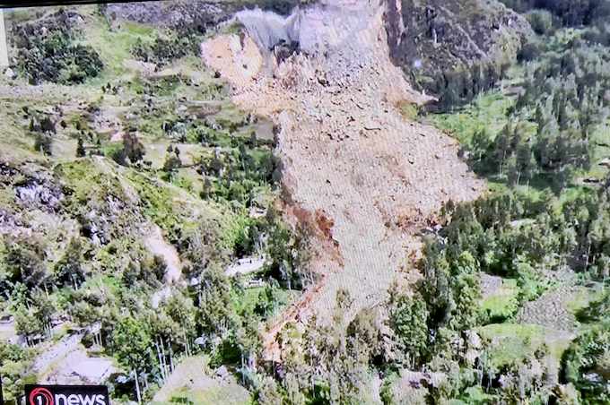 An aerial shot of the massive landslide at Yambali village in PNG's Enga province