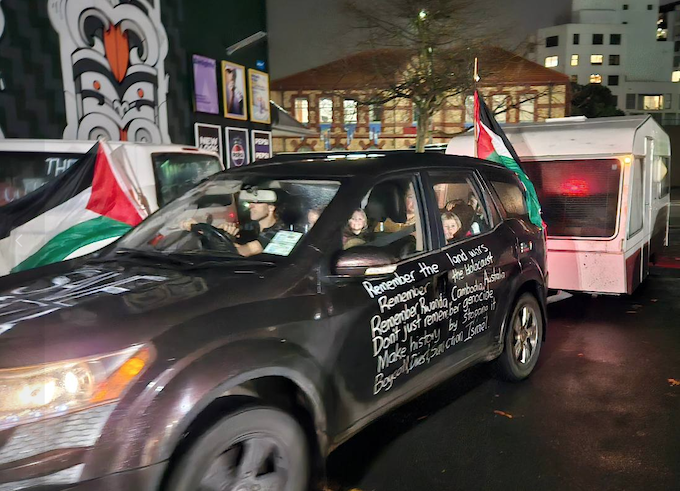 The Aotearoa Caravan for Palestine arrives at Whānau Maria in the central Auckland suburb of Ponsonby last night