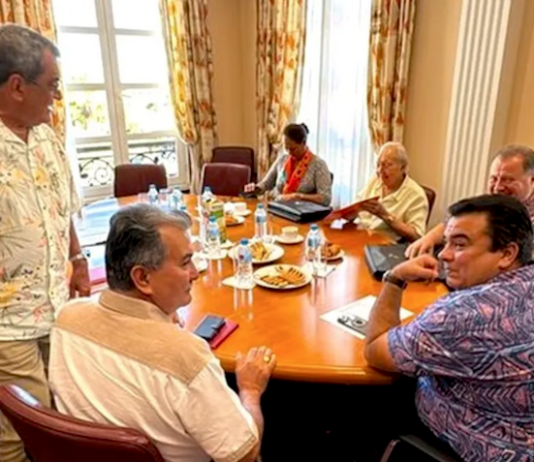 French Polynesia’s pro-France party leaders, including Edouard Fritch (left, standing) are holding back-to-back meetings