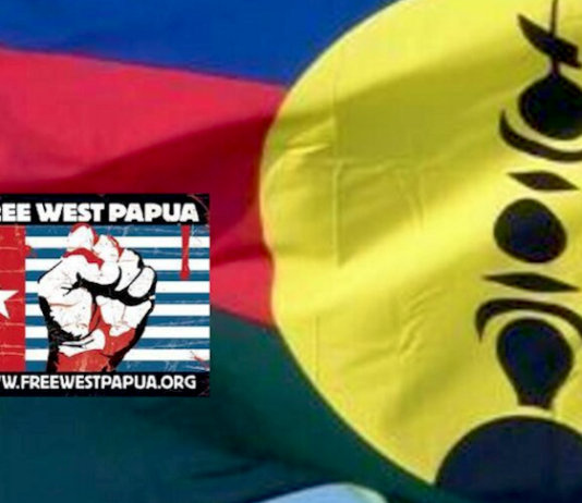 The Kanaky flag of independence (and West Papaua Morning Star flag inset)