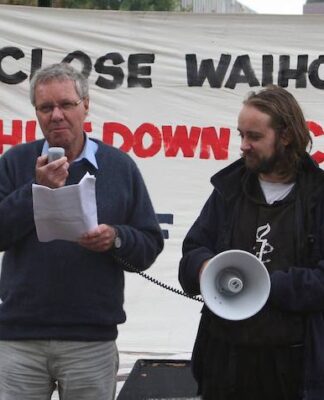 Former Green parliamentarian and political activist Keith Locke at a Waihopai protest