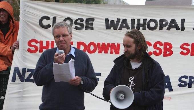 Former Green parliamentarian and political activist Keith Locke at a Waihopai protest