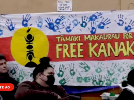 A "Free Kanaky" banner at an anticolonialism solidarity rally for independence from France