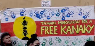 A "Free Kanaky" banner at an anticolonialism solidarity rally for independence from France