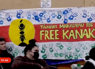 A "Free Kanaky" banner at an anticolonialism solidarity rally for independence from France