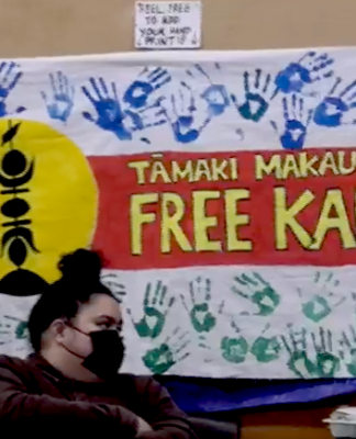 A "Free Kanaky" banner at an anticolonialism solidarity rally for independence from France