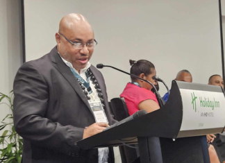 PACMAS team leader Alex Rheeney speaking at the 2024 Pacific International Media Conference in Suva, Fiji, last week