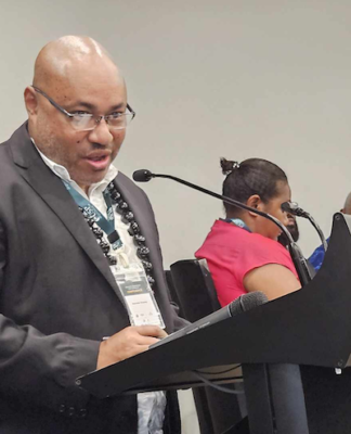 PACMAS team leader Alex Rheeney speaking at the 2024 Pacific International Media Conference in Suva, Fiji, last week