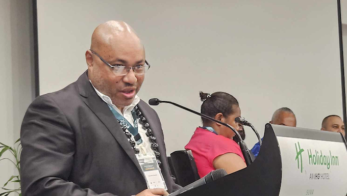 PACMAS team leader Alex Rheeney speaking at the 2024 Pacific International Media Conference in Suva, Fiji, last week