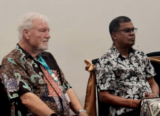 Asia Pacific Report editor Dr David Robie (left) with Fiji Deputy Prime Minister Professor Biman Prasad