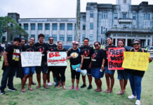 Decolonisation protesters outside Parliament during the "Kanaky and West Papua" demonstration in the Fijian capital Suva yesterday