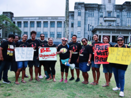 Decolonisation protesters outside Parliament during the "Kanaky and West Papua" demonstration in the Fijian capital Suva yesterday
