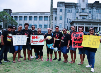 Decolonisation protesters outside Parliament during the "Kanaky and West Papua" demonstration in the Fijian capital Suva yesterday