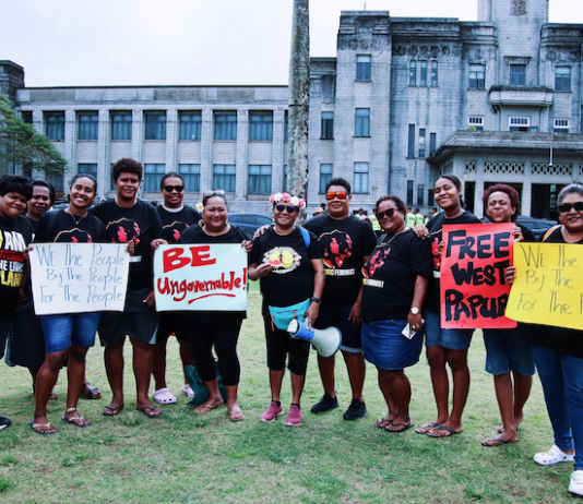 Decolonisation protesters outside Parliament during the "Kanaky and West Papua" demonstration in the Fijian capital Suva yesterday