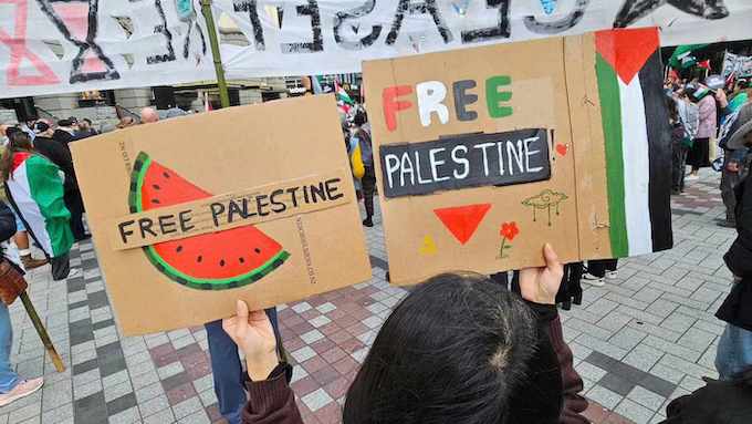 Watermelon protest placards at today's pro-Palestinian rally 