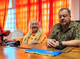 Tahiti's veteran politician Gaston Flosse (left) with Bruno Sandras, vice-president of the Amuitahiraa o te Nunaa Maohi party