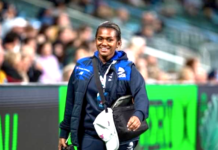 All smiles . . . Kara Ravulo in action at a Fijian Drua rugby union match