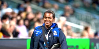 All smiles . . . Kara Ravulo in action at a Fijian Drua rugby union match