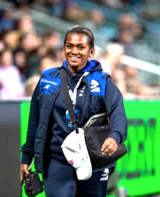 All smiles . . . Kara Ravulo in action at a Fijian Drua rugby union match