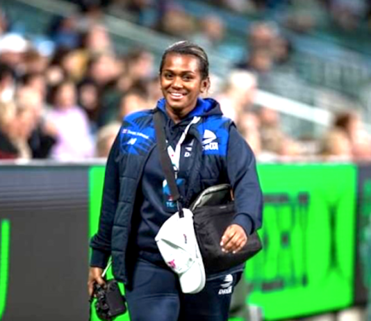 All smiles . . . Kara Ravulo in action at a Fijian Drua rugby union match