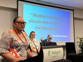 Fiji journalist Lice Movono speaking on a panel discussion about "Prevalence and Impact of sexual harassment on female journalists"