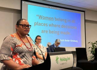 Fiji journalist Lice Movono speaking on a panel discussion about "Prevalence and Impact of sexual harassment on female journalists"