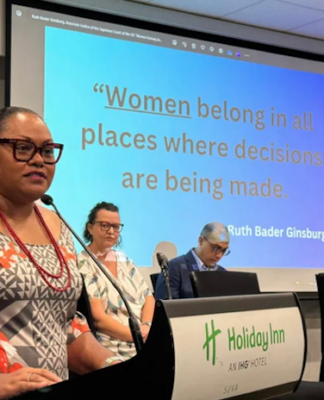 Fiji journalist Lice Movono speaking on a panel discussion about "Prevalence and Impact of sexual harassment on female journalists"
